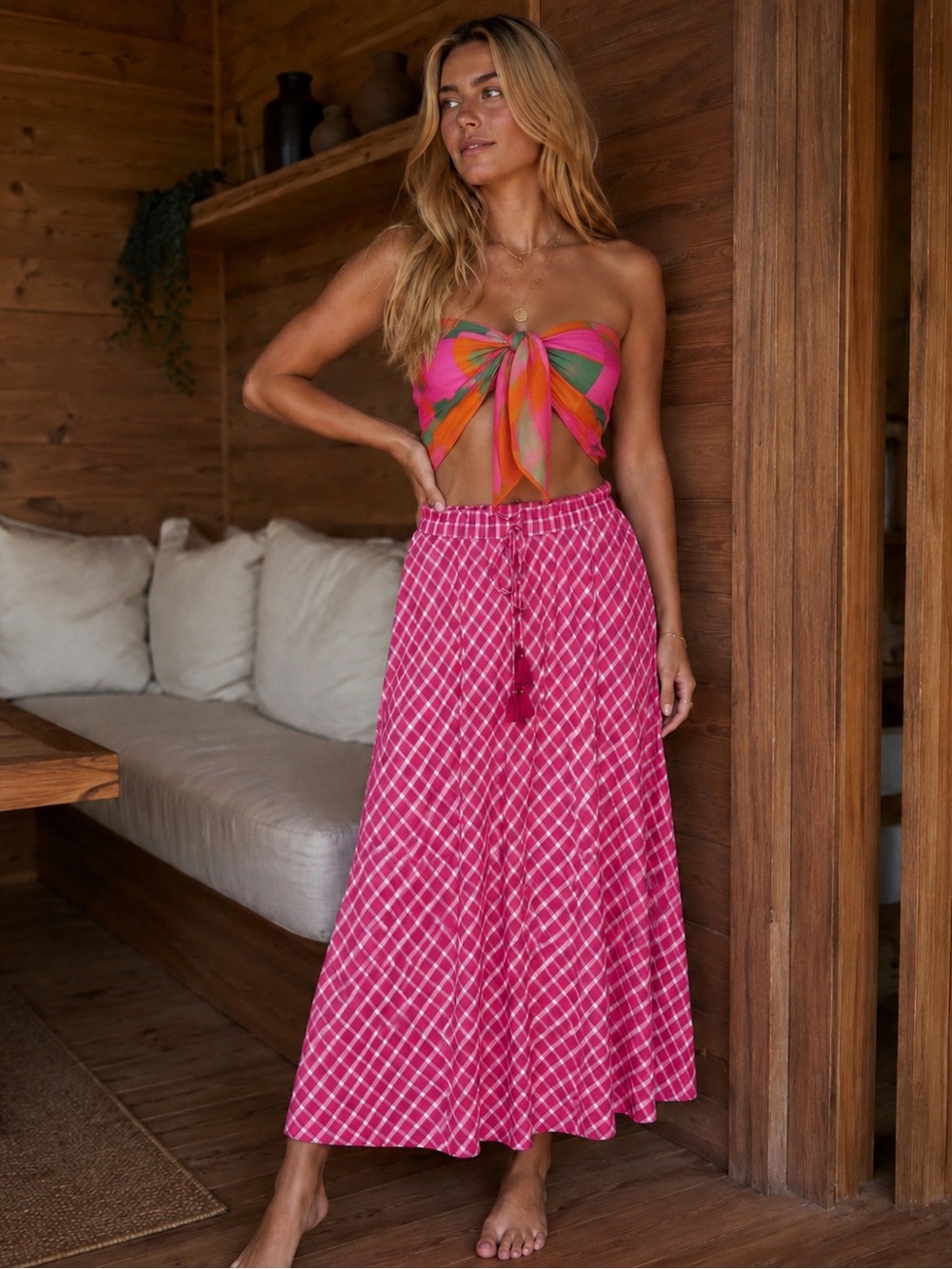 Zara Plaid Boho Festival Colorful Midi Skirt
